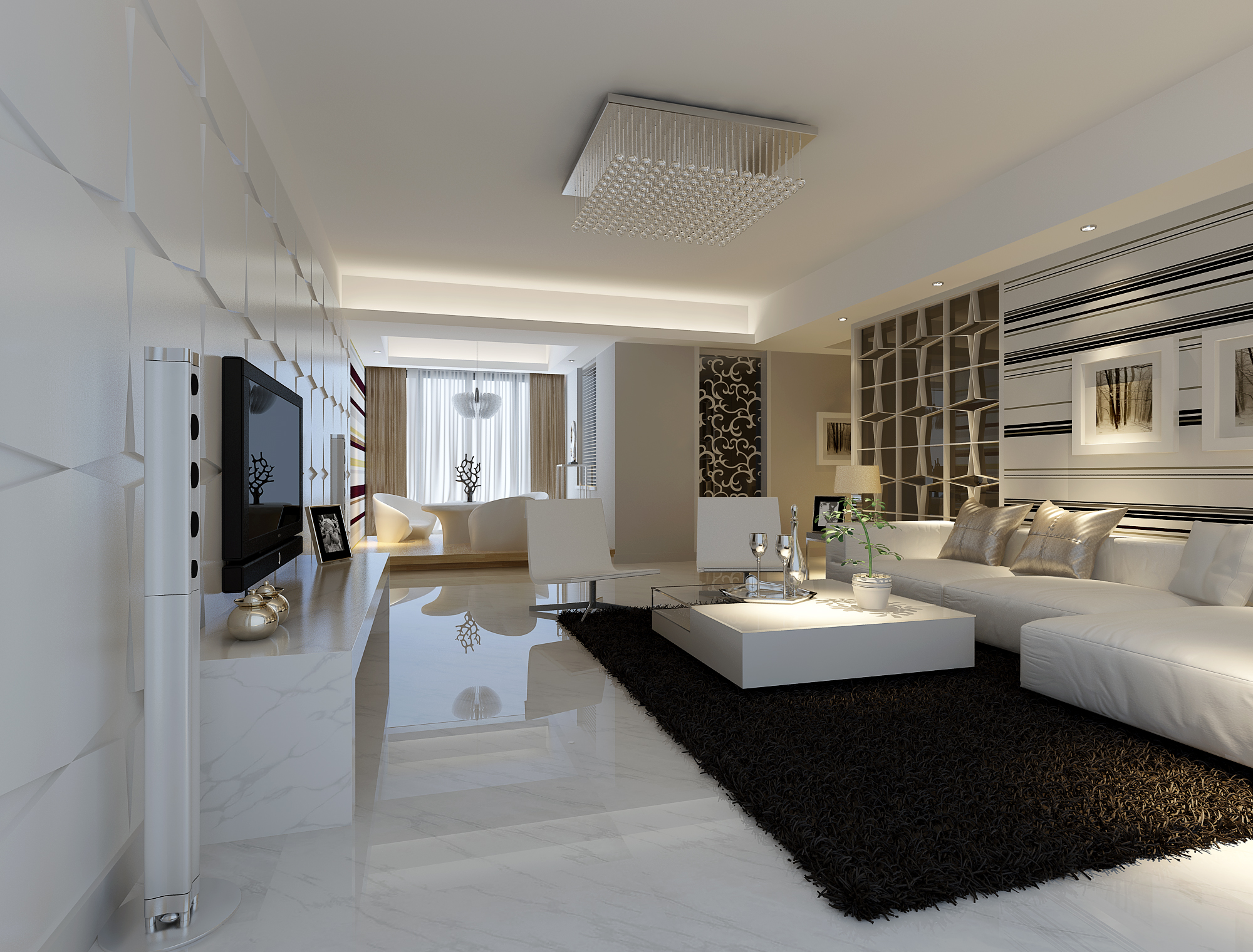 living area with white marble floor